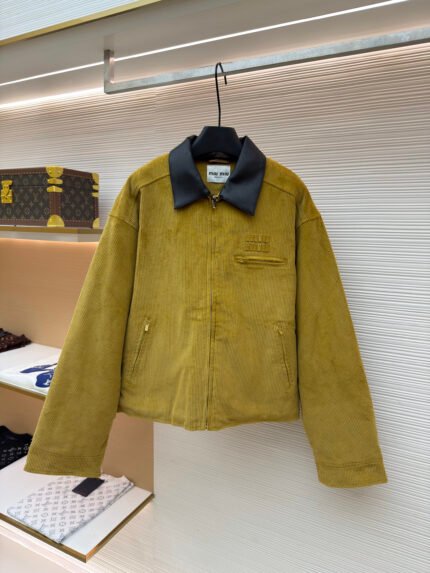 Miu Miu Maillard-style corduroy padded jacket with leather collar