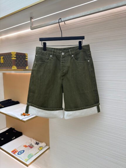 Bottega Veneta Olive Green Washed Denim Wide-Leg Bermuda Shorts with Folded White-Edge Cuffs