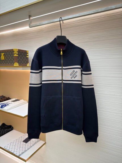 LOUIS VUITTON Color-Block Striped Knit Zip-Up Jacket with Intarsia Lettering and Stand-Up Collar