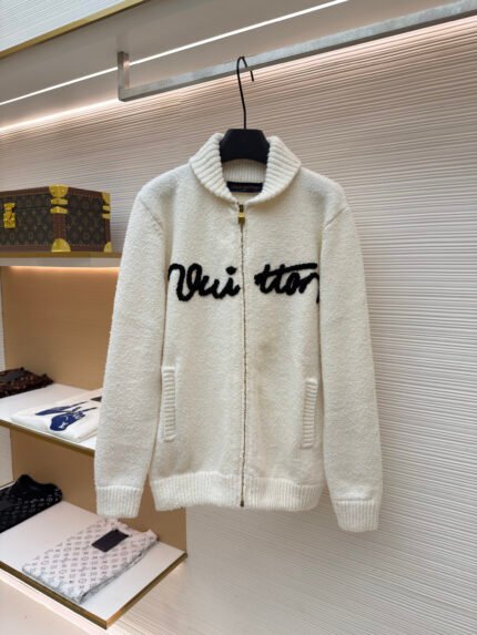 LOUIS VUITTON Cable-Knit Wool Cardigan with Letter Embroidery