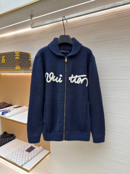 LOUIS VUITTON Cable-Knit Wool Cardigan with Letter Embroidery