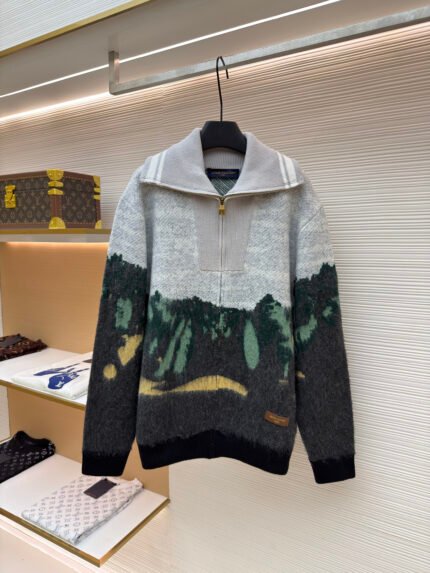 LOUIS VUITTON Jacquard-Woven Landscape-Motif Mohair Turtleneck Knit Jacket with Monogram Insignia