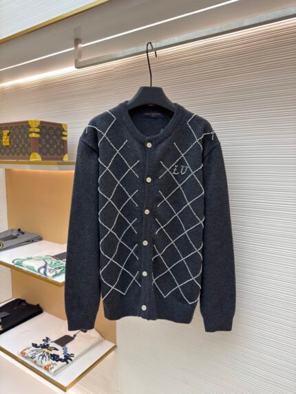 LOUIS VUITTON Letter-Bead Check-Pattern Knit Cardigan