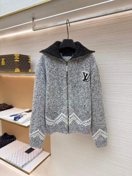 LOUIS VUITTON High-Neck Jacquard-Embroidered Cinched-Waist Knit Sweater