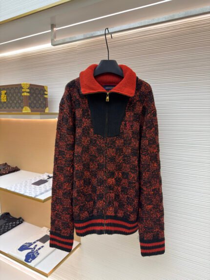 LOUIS VUITTON checkered color-blocked letter embroidered knit cardigan