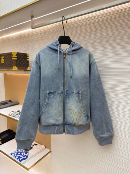 LOUIS VUITTON Denim Hooded Jacket with Embroidered Lettering on Pocket