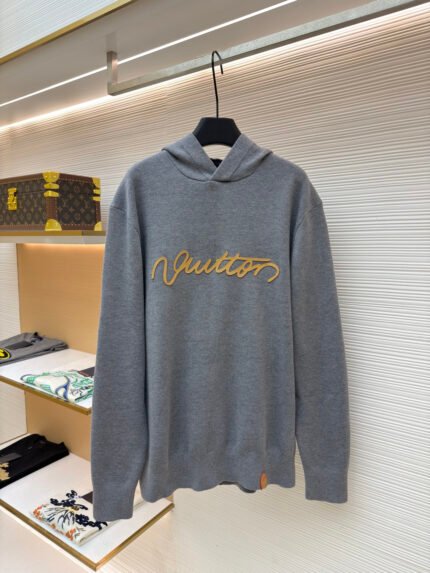 LOUIS VUITTON Knitted Hooded Sweatshirt with Leather Lettering Logo