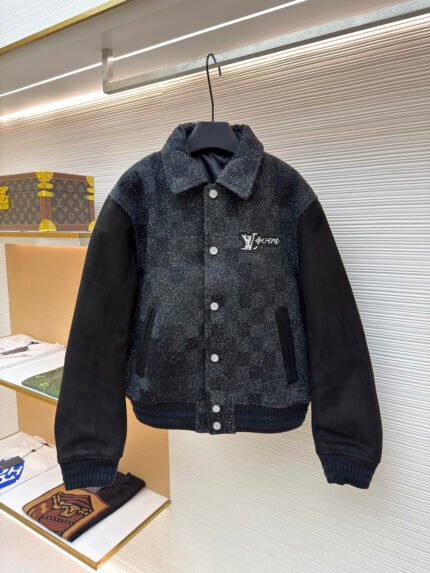 LOUIS VUITTON genuine leather beaded flocking checkerboard baseball jacket