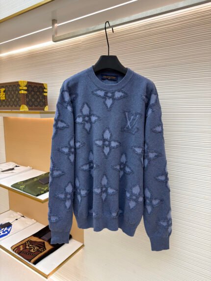 LOUIS VUITTON Crewneck Sweatshirt with Textured, Raised Blue Clover Motif