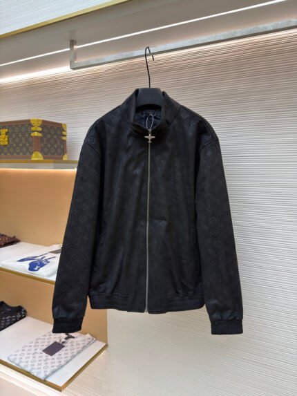 LOUIS VUITTON Suede Stand-Collar Leather Jacket with All-Over Embossed Monogram
