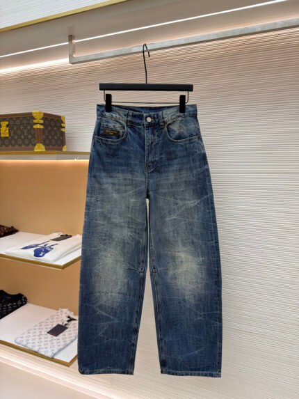 LOUIS VUITTON Washed Tie-Dye Wide-Leg Denim Trousers with Leather Logo Patch