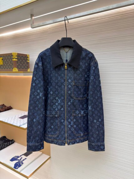 LOUIS VUITTON Burnout-Effect Ombré Monogram Jacquard Zip-Up Denim Jacket with Collar
