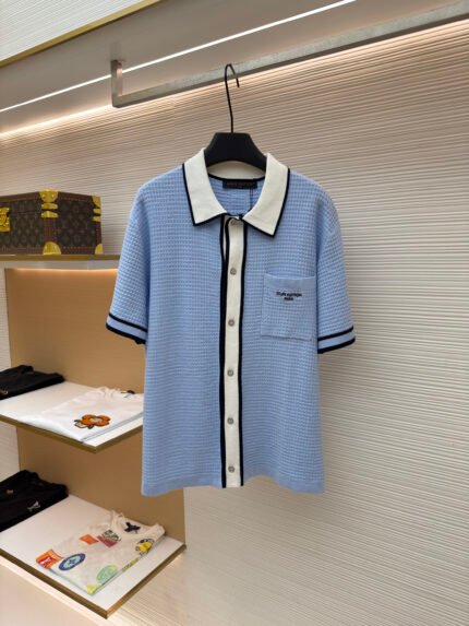 Louis Vuitton Short-Sleeved Knit Shirt with Embroidered Lettering and Color-Block Detailing