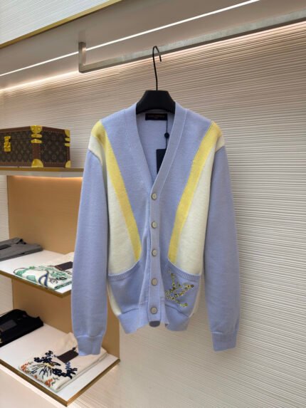 LOUIS VUITTON Color-Block Embroidered Letter Pocket Knit Cardigan