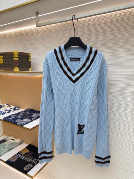 LOUIS VUITTON Wool Sweater with Contrast-Trim Deep V-Neck